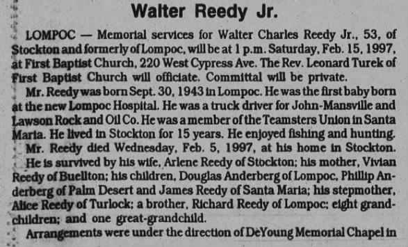 Obituary for Walter Reedy, Jr, 12Feb1997
